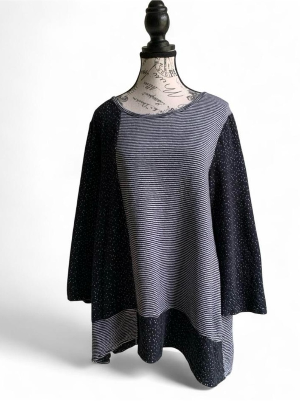 Habitat Artsy Lagenlook Black and White Striped Polka Dot Patchwork Tunic Sz L